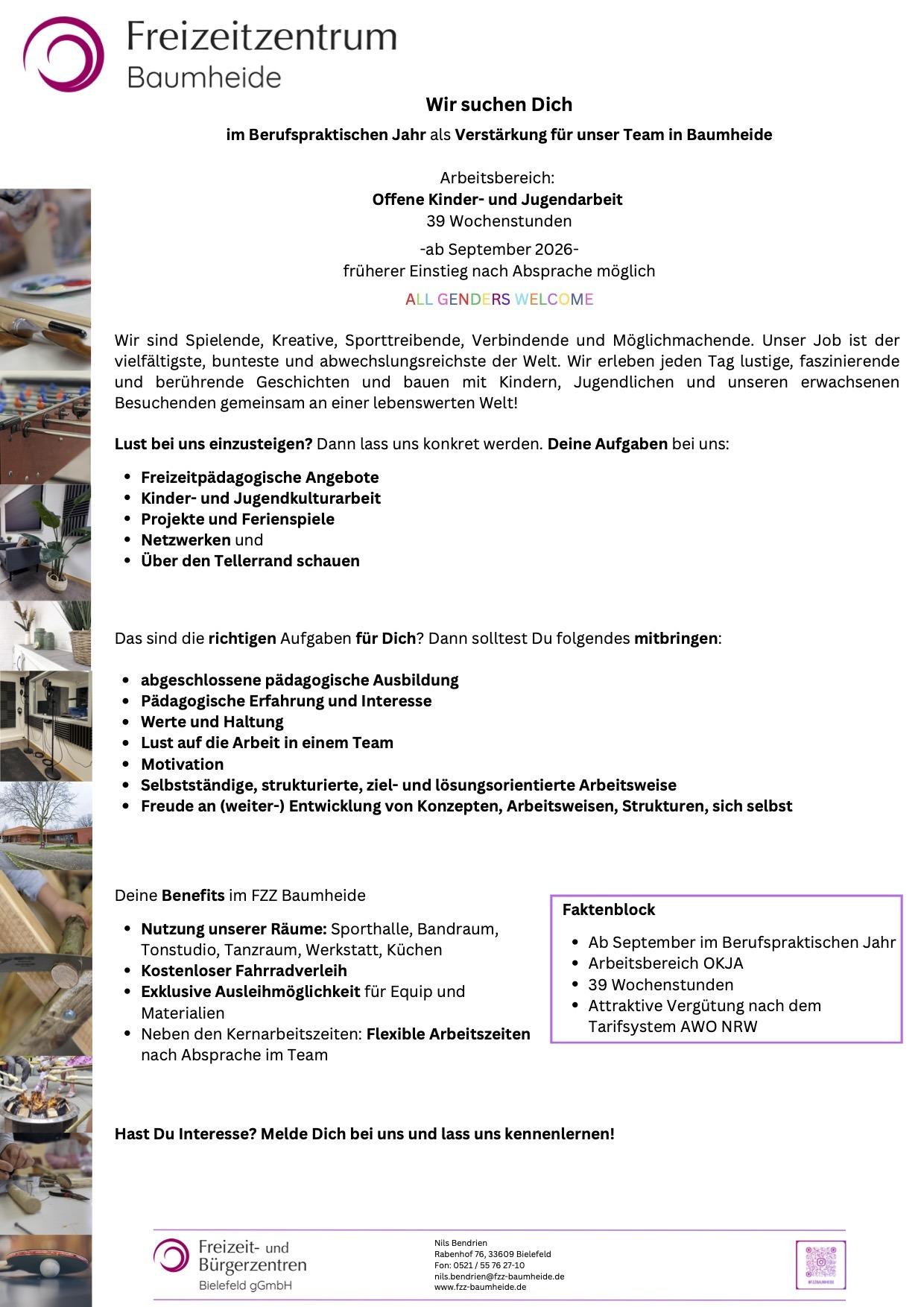 Stellenanzeige für ein Berufspraktisches Jahr im FZZ Baumheide ab September 2026