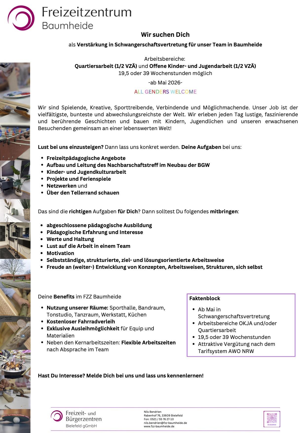 Stellenanzeige für eine Anstellung im FZZ Baumheide in der Quartiersozialarbeit und in der Offenen Kinder- und Jugendarbeit als ab Mai 2026